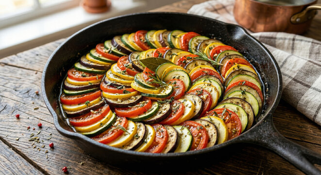 Ratatouille casserole arranged in spiral vegetable layers inside cast iron skillet for traditional french cuisine
