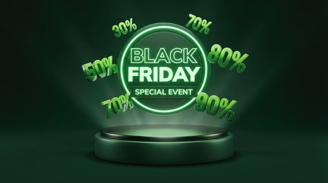 Black friday special event with a green product display podium and floating percentage discount signs on a green black friday