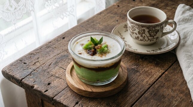 Indonesian kue jongkong, layered green pandan and white coconut pudding in a glass cup with tea cup on wooden coaster and rustic wooden table by lace window light.