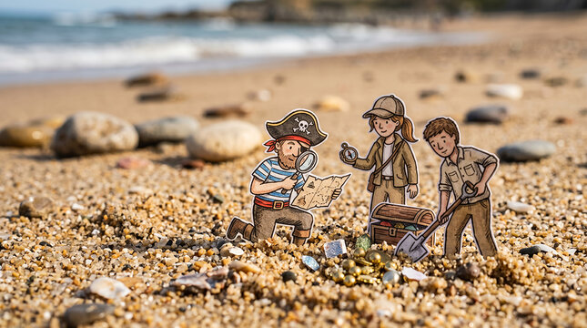 Cartoon treasure hunters, including a pirate, dig for buried riches on a golden sandy beach.