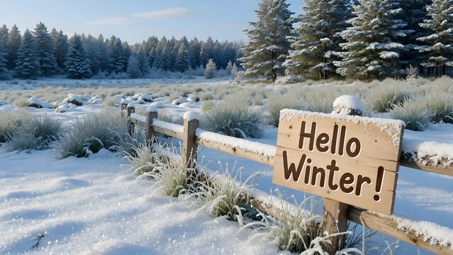 Hello Winter Snowy Field with Wooden Fence and Evergreen Forest