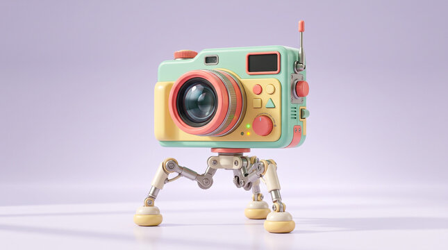 Pastel camera robot with articulated legs, playful retro technology, futuristic toy machine, colorful mechanical design, artificial intelligence photography concept render