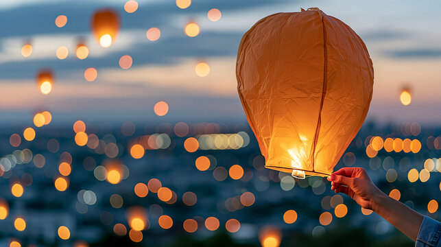 Sky lantern floating in twilight sky with city lights blurred in distance, defocused evening celebration illumination, dusk urban atmosphere, floating light visualization, with