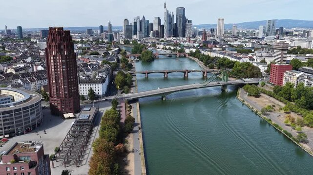 Frankfurt Skyline In Hesse Germany. Highrise Buildings. Downtown City. Meno River. Frankfurt Skyline In Frankfurt In Hesse Germany. Beautiful Cityscape. Europe Landscape.