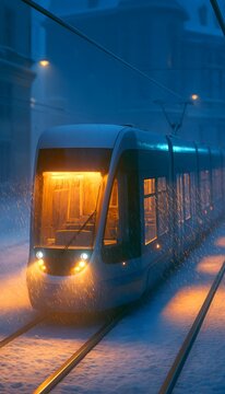 Modern tram traveling through a snowy city street at twilight with glowing golden lights and cozy vibes