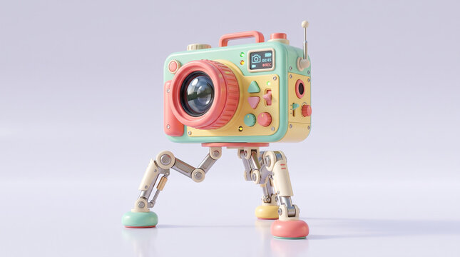 Cute retro camera robot with colorful mechanical legs, pastel technology, futuristic toy design, creative artificial intelligence photography concept studio render