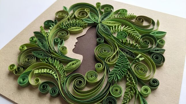 Paper quilling art profile of a woman with green leaf hair.