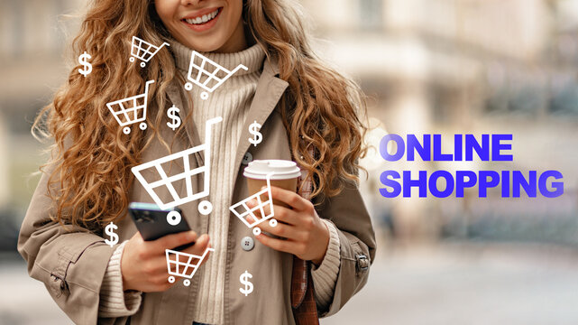Shopping online while standing outdoors in a city with a coffee cup in hand and using a smartphone