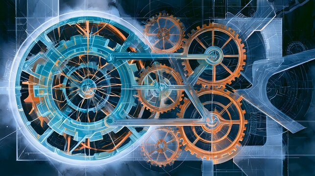 Intricate Watercolor Illustration of a Mechanical Clockwork System with Glowing Cyan and Orange Gears