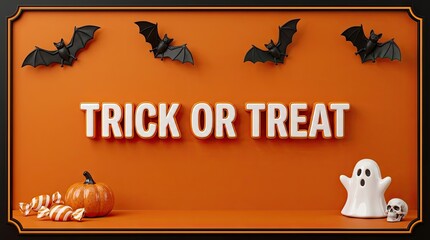 Fototapeta premium Halloween background with trick or treat text bats pumpkin and ghost on an orange surface