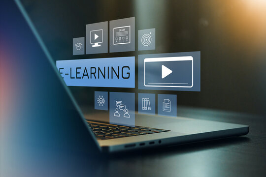 E learning concepts shown on a laptop screen in a study setting with icons and graphics displaying various educational tools