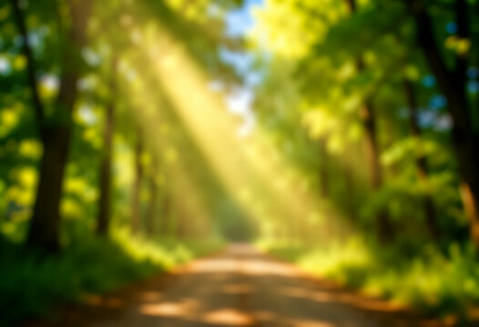 Forest path sunlit with sun rays through trees
