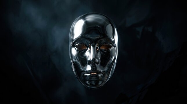 Shiny metallic human mask floating in dark smoke.