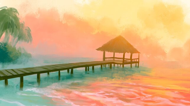 Watercolor painting of a serene tropical beach at sunset with a wooden pier and thatched gazebo