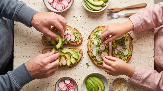 Family preparing healthy avocado toasts with fresh radishes and microgreens.