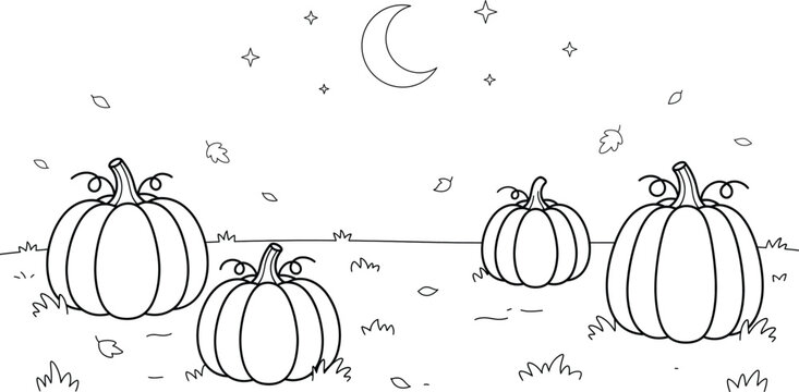 Pumpkin Patch Field under Crescent Moon Line Art Coloring Page