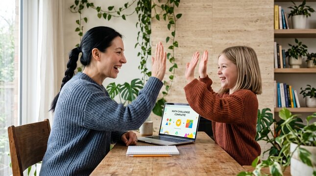 Happy mother and daughter giving high five celebrating online school success at home.