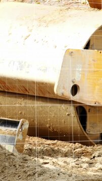 Animation of data processing and diagrams over building machines at building site