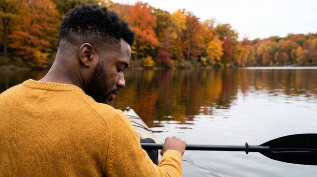 African American man kayaking on scenic lake with autumn foliage.