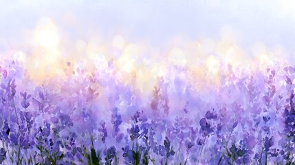 Naklejka premium Dreamy watercolor painting of a blooming lavender field with golden sunlight and soft purple hues