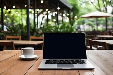 Fototapeta premium Laptop and coffee cup sitting on a wooden table in an outdoor cafe setting