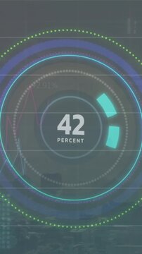 Animation of increasing percentage on round scanner, statistical data processing against cityscape
