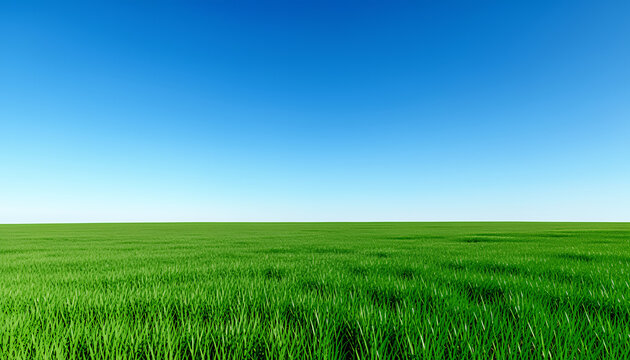 Green field landscape under blue sky, open field and horizon