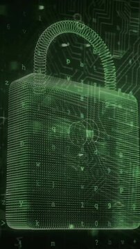 Animation of padlock icon and data processing on black background