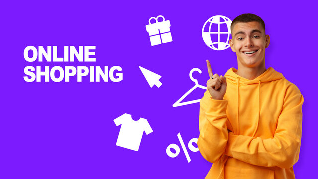 Individual showing interest in online shopping against a colorful background with shopping icons and text