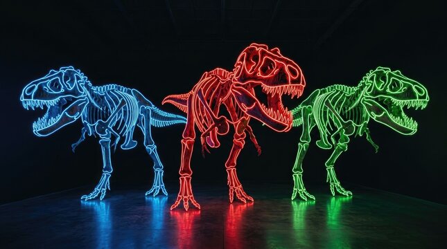 Neon glowing T-Rex skeletons in multiple colors