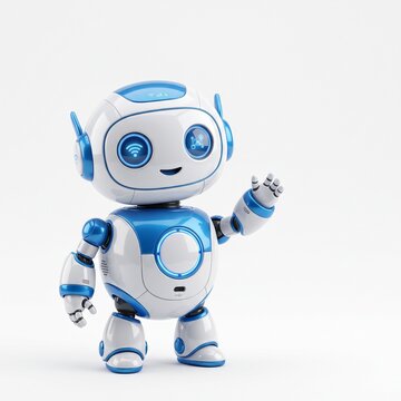 White and blue AI robot waving hello