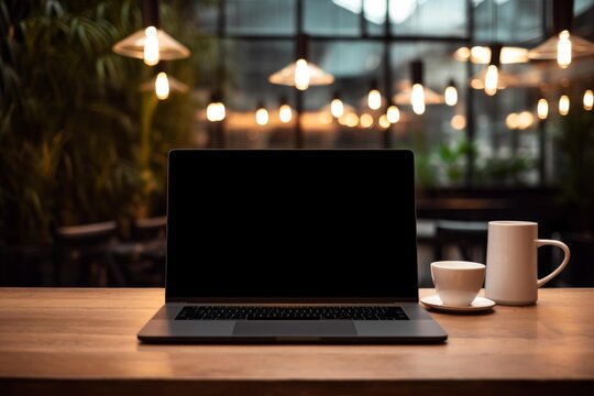 Laptop with blank screen sitting on wooden table next to coffee cups at a cafe