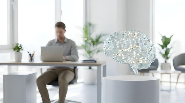 Professional working on laptop near a holographic brain model.