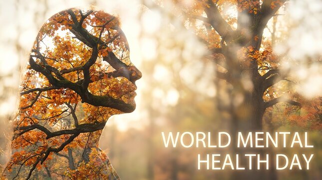 Profile silhouette with autumn trees for Mental Health Day.
