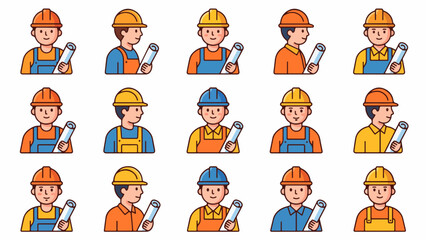 Fototapeta premium Set of construction worker and architect avatars wearing hard hats and holding blueprints in flat vector style