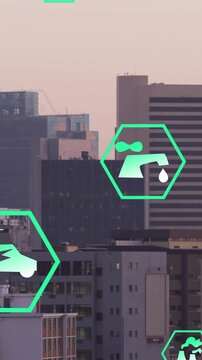Animation of network of eco icons over cityscape