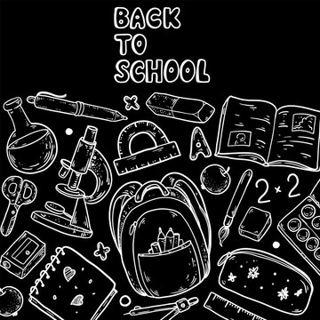 Back to School vector square banner. Naive white chalk line art elements with backpack, microscope, book and school supplies on black background
