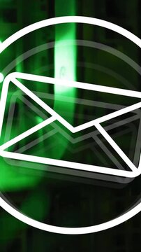 Animation of email icon and digital data processing over computer servers