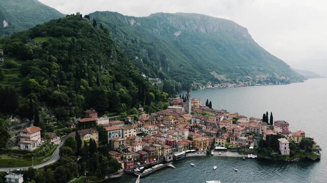 Aerial view of Varenna village on lake como shores in Italy.