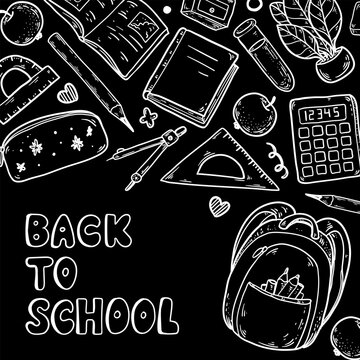 Back to School vector square banner. Naive white chalk line art elements with backpack, calculator, notebook and pencil case on black background