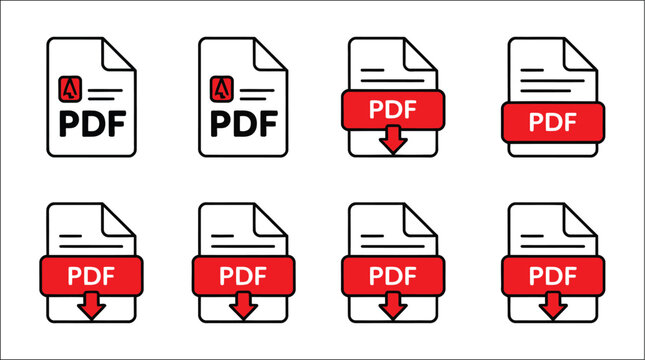 PDF document icon collection, download PDF format signs, file format symbols, document download button, digital paperwork, web interface, software applications, flat vector illustration design concept