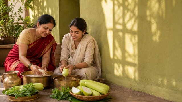 Indian women washing rice and bottle gourd for Nahay Khay