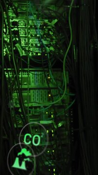 Animation of eco icons and digital data processing over computer servers