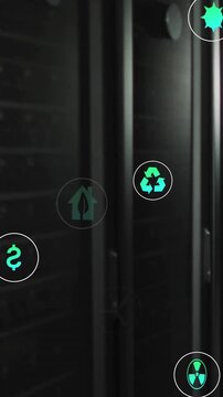Animation of eco icons and digital data processing over computer servers