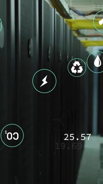 Animation of eco icons and digital data processing over computer servers