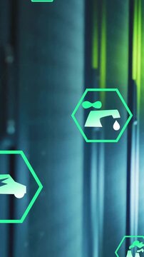 Animation of eco icons and digital data processing over computer servers