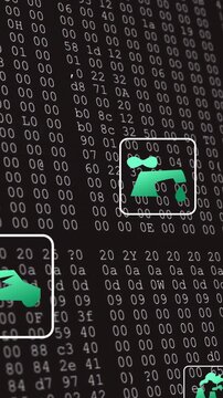 Animation of eco icons and digital data processing over computer servers