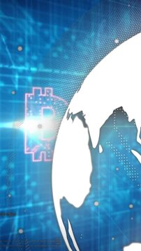 Animation of bitcoin icon, data processing over globe
