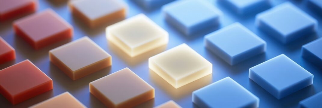 Modular electronic components arranged as a colorful abstract grid, hardware innovation concept, clean studio