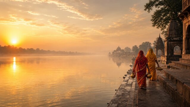 Indian women walking to river ghat for Nahay Khay at dawn